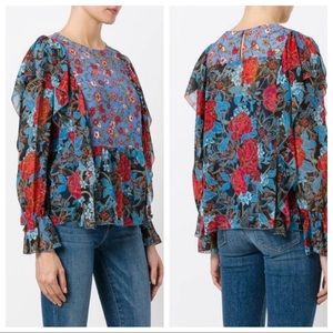 See BY CHLOÉ Ruffled Floral-print Bell Sleeve Blouse In Blue Dream
